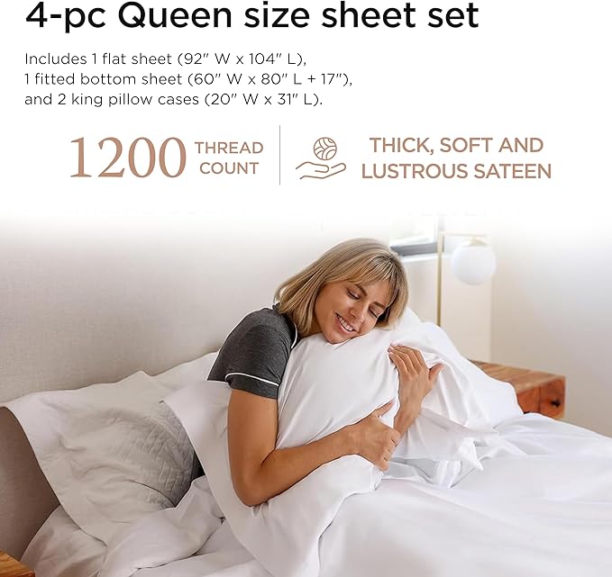 Threadmill Luxury Supima Queen Sheet Set, 1200 Thread Count 100% Cotton Sheets for Queen Size Mattress, 4 Pc Bed Sheets Queen Size Set, 5-Star Hotel Quality White Queen Sheets Elasticized Deep Pocket