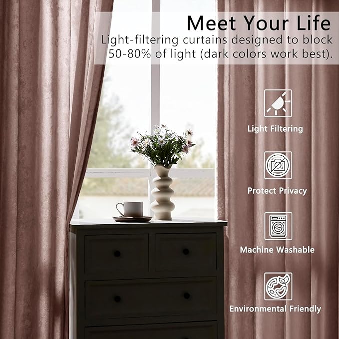 SMILETIME Pink Crushed Velvet Curtains 52x84 inch Luxurious Thermal Insulated Soundproof Drapes for Living Room Bedroom Office Soft and Durable Light-Filtering Window Treatments, 2 Panels
