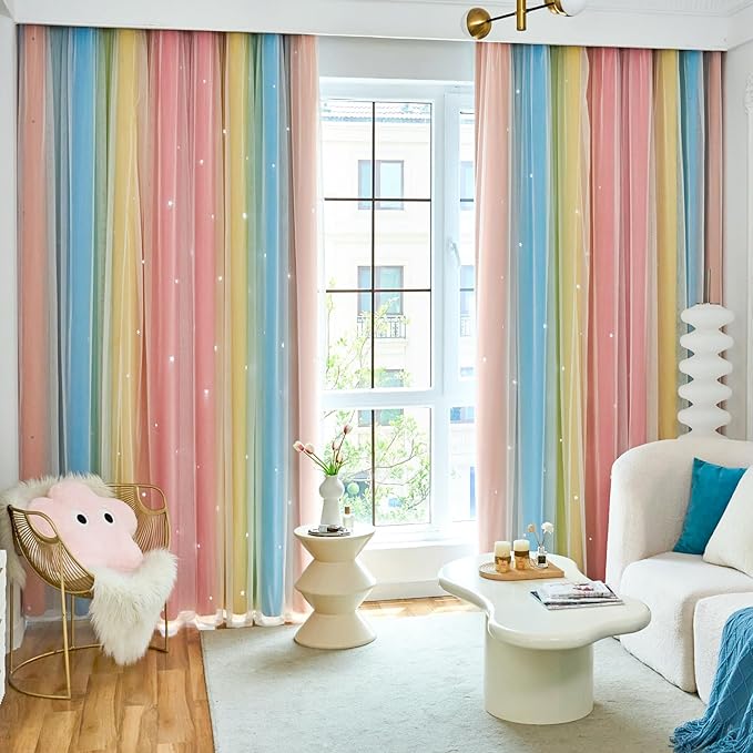 Star Curtains Blackout Curtains for Bedroom Cute Curtains Kids Curtains Rainbow Curtains, Curtains 63 Inches Long 2 Panels, Red & Yellow & Blue Curtains, 52 X 63 Inches