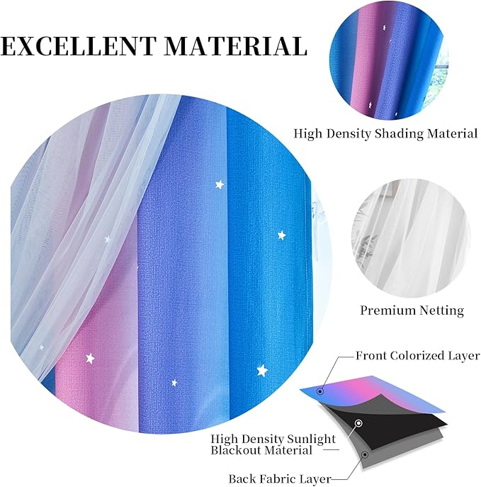 Star Blackout Curtains for Bedroom - Cute Kids Rainbow Curtains, 108 Inches Long 2 Panels, Blue & Purple & Pink