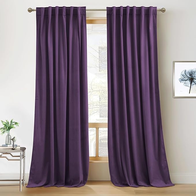 RYB HOME Purple Velvet Curtains 90 inches Length, Back Tab & Rod Pocket Soft Fabric Blackout Thermal Insulated Curtains & Drapes for Bedroom Dining Room, Purple, W 52 x L 90, 2 Panels Set