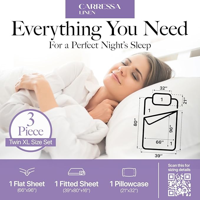 Carressa Linen 100% Egyptian Cotton Twin XL Sheets Set - 600 Thread Count Luxury Egyptian Cotton Sheets Twin XL Size (3 PC, Plum Purple), 16" Deep Pocket, Soft, Cooling, Sateen Weave Dorm Room Bedding