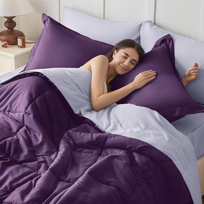 JOLLYVOGUE Queen Comforter Set, Ultra-Soft Bed in a Bag Queen Size 7 Pieces, Oeko-TEX Certified Bedding Set with Down Alternative Comforter, Sheets, Pillowcases & Shams, Purple & Lavender