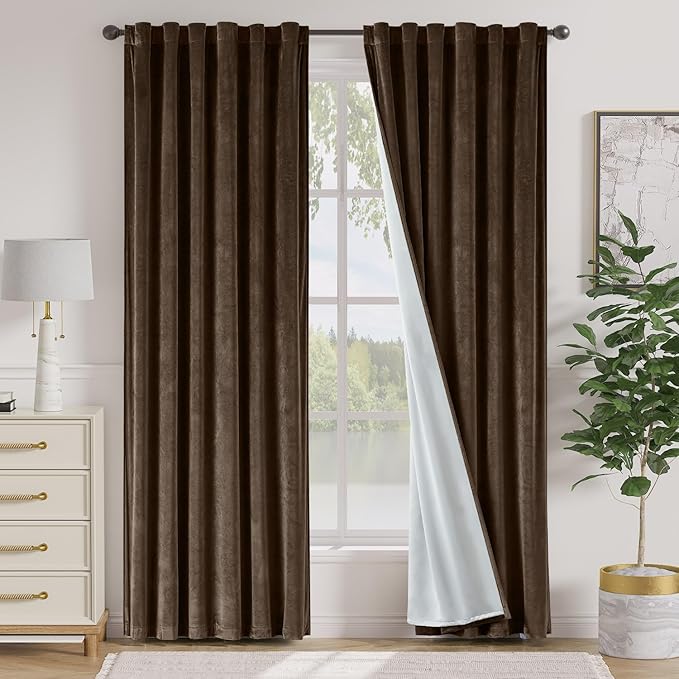 Lazzzy Dark Brown Velvet Blackout Curtains 90 Inches Long Thermal Insulated Blackout Curtain Drapes Luxury Back Tab Window Treatments for Bedroom Living Room 2 Panels, 52 x 90 Inch, Truffle
