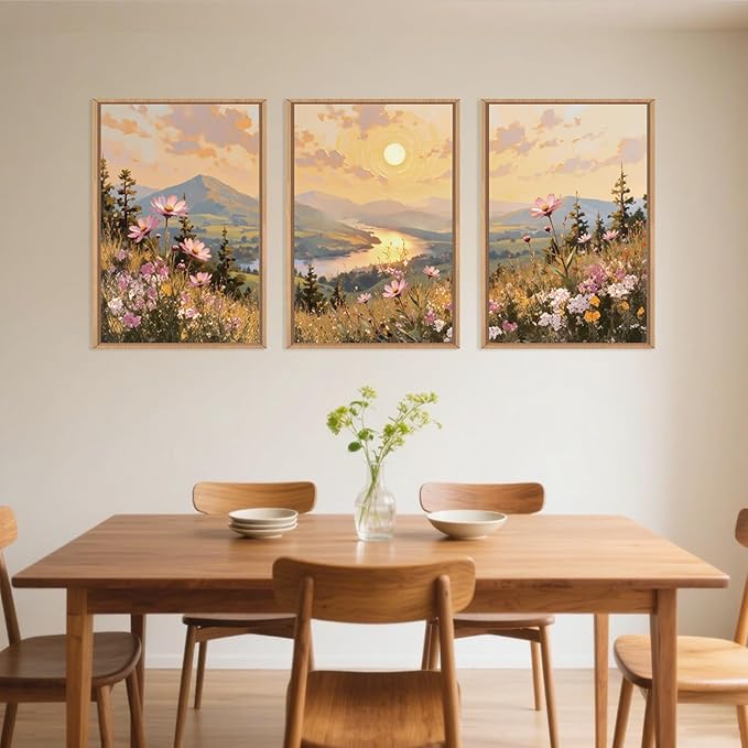 LHIUEM Large Boho Sunset Wildflower Framed Canvas Wall Art,Nature Pink Flower Wall Decor,Blossom Botanical Mountain Landscape Artwork for Living Room,Bedroom,Dining Room,Office -16"x24"x3