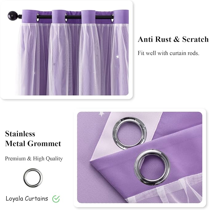 Stars Curtains Double Layer Curtains Blackout Curtains for Bedroom Kids Curtains Cute Curtains Kids Blackout Curtains, Curtains 108 Inches Long 2 Panels Set, Purple Curtains, 52 X 108 Inches