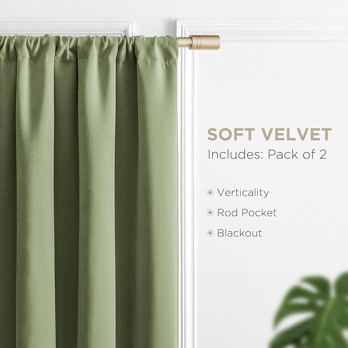 Joydeco Coconut Green Velvet Curtains 72 Inches 2 Panels, Luxury Thermal Insulated Soft Green Curtains for Bedroom & Living Room, Room Darkening Velvet Drapes, Rod Pocket (52W x 72L)