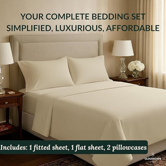Cloud Scape Linen 100% Egyptian Cotton Sheets for Queen Size Bed, 400 Thread Count, 4 Pieces Bedding Set, Hotel Quality, Silky Soft, Deep Pockets up to 17”, Ivory