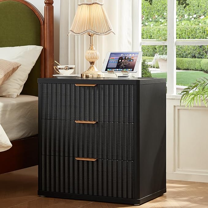 LEYAOYAO Fluted Dressers & Nightstand Set of 3, Wood 48" Wide Dresser & 42" Tall Chest of Drawers,Modern Bedroom Furniture Sets, Black Wooden Nightstand with 3 Drawers & Charging Station