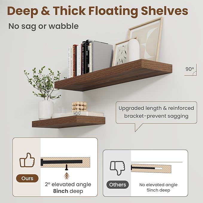 Axeman Square Floating Shelves for Wall, 8" W x 8" D x 1.4" H Rustic Wooden Wall Shelves, 4 Pack Wall Mounted Floating Shelf with Invisible Brackets for Living Room, Bathroom, Kitchen, Walnut Color