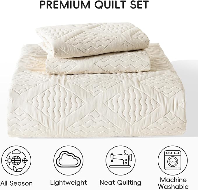 Yiran Quilt King Size Beige Summer Bedspreads Bedding Set 3 Pieces Thin Lightweight Microfiber Coverlet with 2 Pillow Shams for All Season