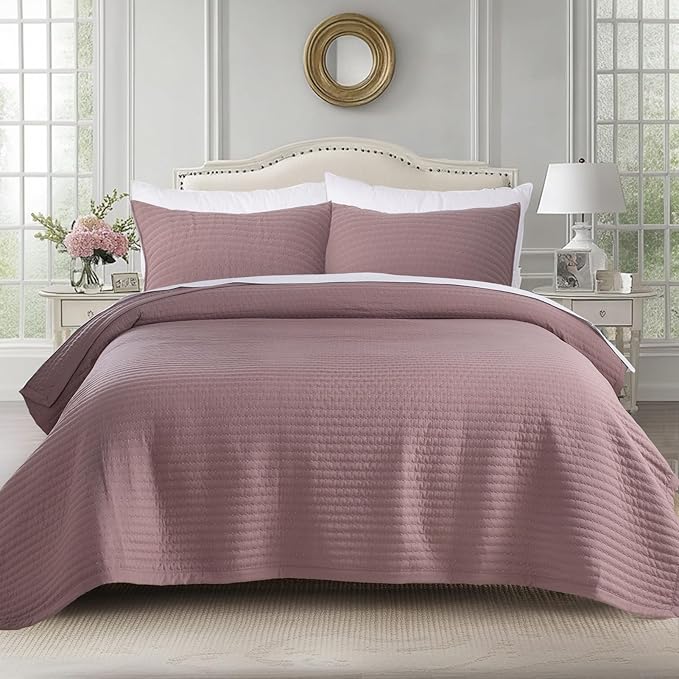 KASENTEX King XL Quilt Set 108"x98" – Soft Washed 3-Layer Lightweight Bedspread, Minimalist Nordic Design, All-Season Spring & Summer Quilt Set (1 Quilt + 2 Pillow Shams),Twilight Mauve Purple