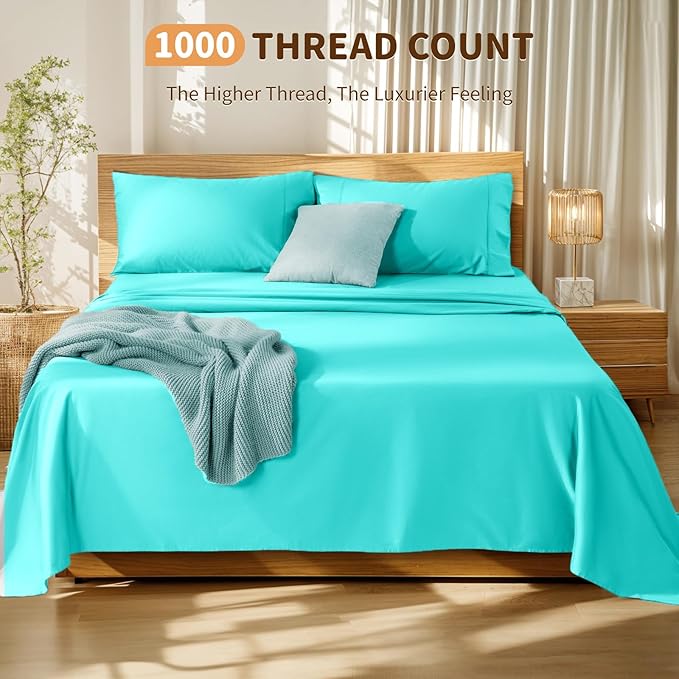 LBRO2M 100% Cotton Sheets Set Deep Pocket 19", 1000 Thread Count Full Size 4 Piece Bed Sheet Sets Soft Comfortable Bedding All Season (Full, Lake Green)