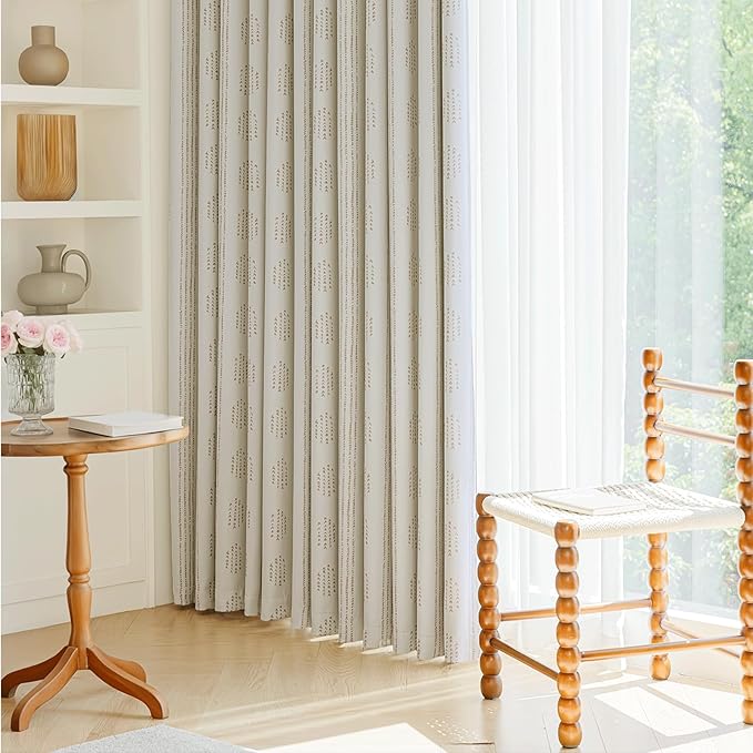 100% Boho Blackout Curtains 63 Inches Long for Bedroom, Taupe on Beige Patterned Bohemian Curtains for Living Room, Geometric Striped Thermal Insulated Window Drapes Gromment Top 2 Panels