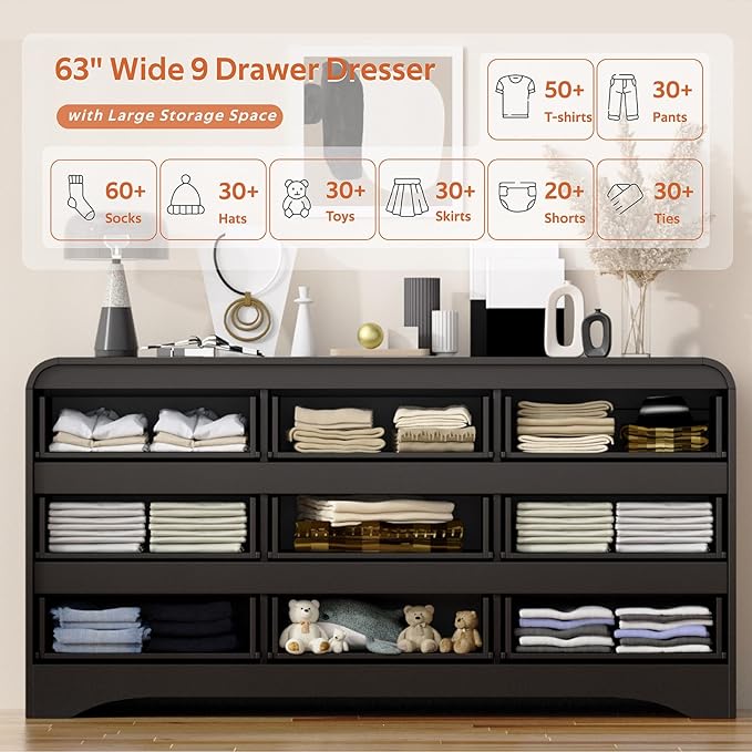 9 Drawer Dresser and Nightstand Sets for Bedroom, 3 Piece Bedroom Set, Wood 9 Drawer Dresser & Night Stand Set of 2, Large Chest of Drawers Modern Storage Cabinet Bedroom Furniture Set, Black