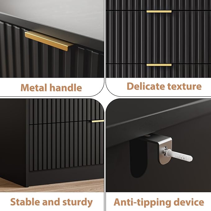 3-Piece Dresser Bedroom Set, 9 Drawer Dresser & 2 Drawer Nightstands with Gold Handles, Fluted Wood Chest of Drawers for Bedroom, Living Room, Entryway, Black