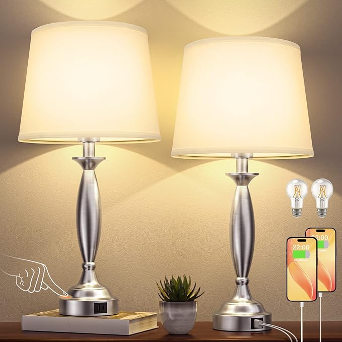 White Lamps for Bedrooms Set of 2 - Touch Control Bedside Lamp with USB C+A, 3 Way Dimmable Nightstand Lamps with USB Port, Table Lamp for Living Room(White Shade and Nickel Base)