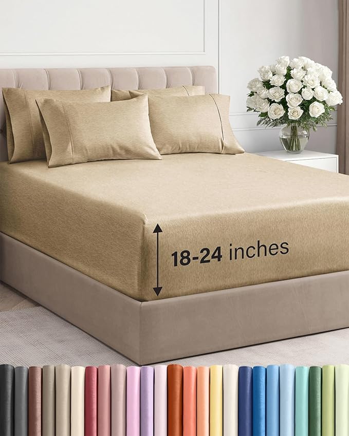 Extra Deep Cal King Sheet Set - 6 Piece Breathable & Cooling Sheets - Hotel Luxury Bed Sheets Set - Easy Fit - Soft, Wrinkle Free & Comfy Sheets Set - Heathered Tan Sheet Set with Extra Deep Pockets