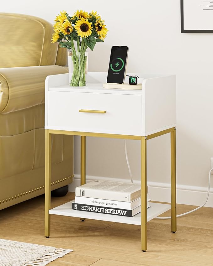 Masupu Nightstand with Charging Station,3-Tier Modern Bedside Night Stand with Storage Drawer and Shelf,Small End Side Table for Bedroom,Living Room,White