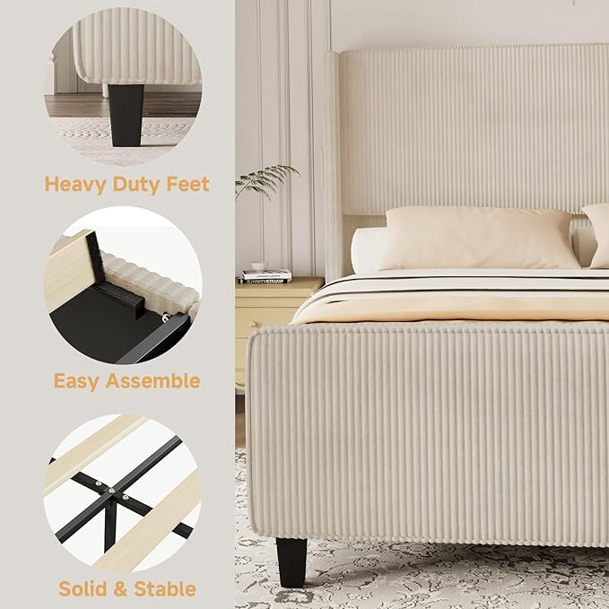 King Size Bed Frame and Headboard, Upholstered King Bed Frame with Tall Wingback Headboard & Footboard, USB Ports, Easy Assembly, Beige