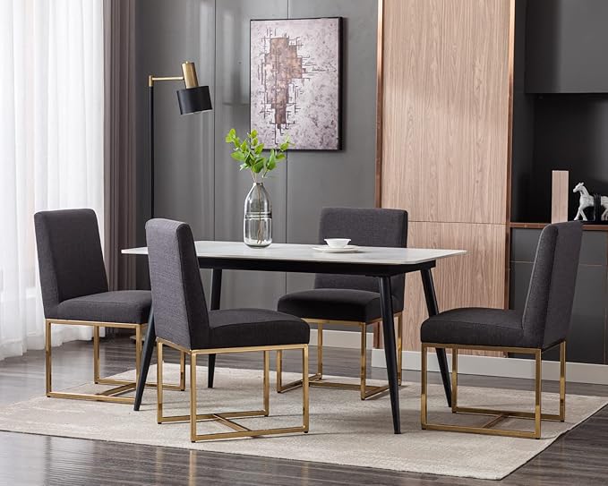 CIMOTA Black Modern Dining Chairs Set of 4, Upholstered Linen Dining Room Chairs Armless Side Chair with Gold Base for Kitchen, Charcoal Black, 4PCS