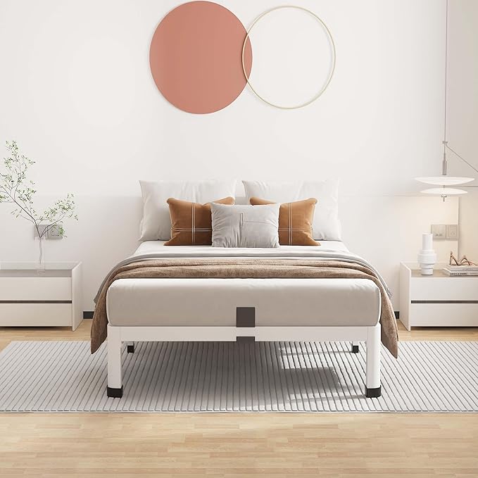 ROIL 7 Inch White Twin Bed Frame with Rounded Corner and Mattress Retainers, 3500LBS Heavy Duty Steel Slats No Box Spring Needed Platform Noise-Free Easy Assembly