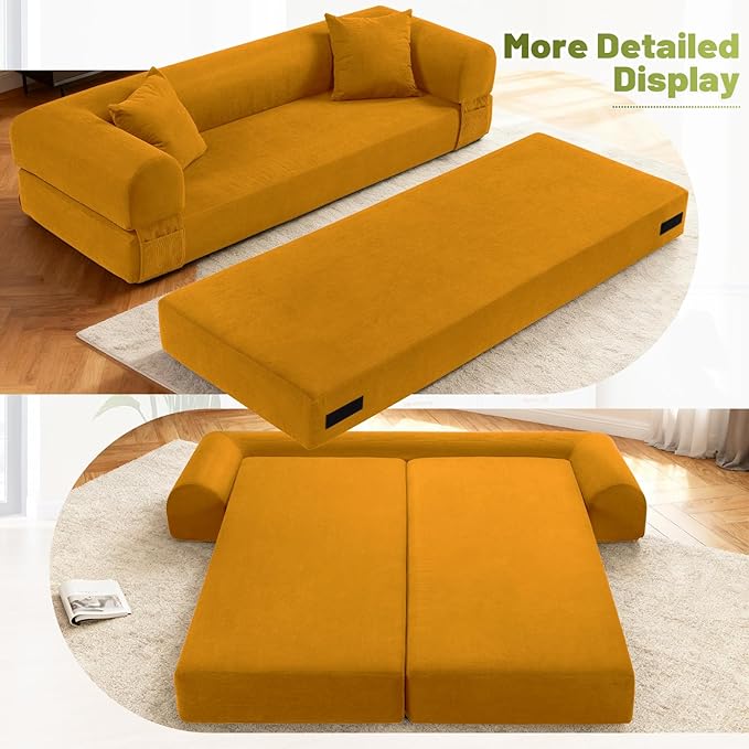 Convertible Futon Sofa Bed,80" Folding Pull Out Couch Bed with Storage,Queen Sleeper Sofa Bed,Compressed Couch in a Box,Corduroy Boneless Couches for Living Room,Yellow