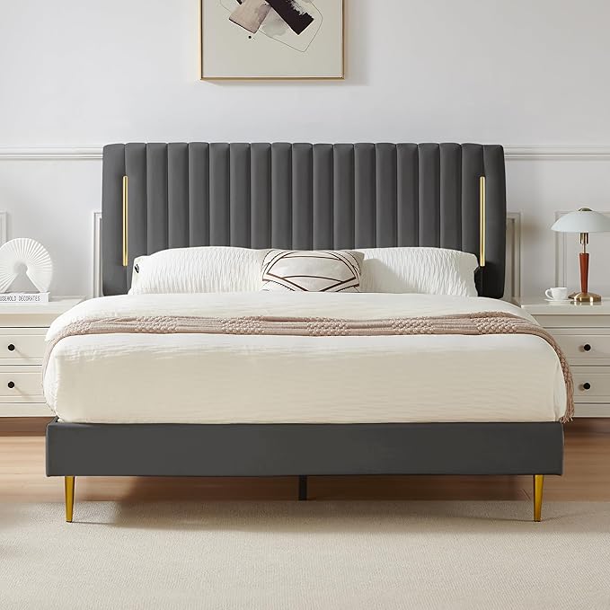 Queen Platform Bed Frame, Velvet Upholstered Bedframe with Vertical Channel Adjustable Headboard, Golden Plating Trim, Mattress Foundation with Wooden Slats, No Box Spring Needed, Grey