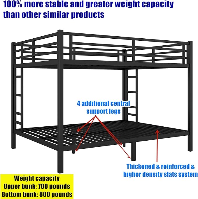 Higher Quality & Stronger Heavy Duty Metal Bunk Bed Frame Queen Over Queen Size for Adults Teens, Thickened More Stable Steel Bunkbed (Queen Over Queen-A)