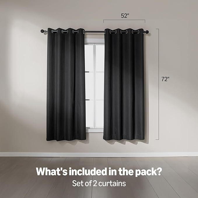 Amazon Basics Faux Linen Blackout Curtains for Bedroom and Living Room, 2-Piece Set with Grommets, 52" W x 72" L, Black
