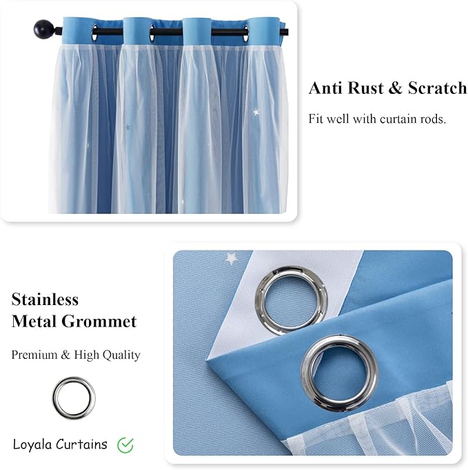 Star Double Layer Blackout Curtains for Bedroom, Kids - Cute, 108 Inches Long, 2 Panels Set, Blue, 42 X 108 Inches
