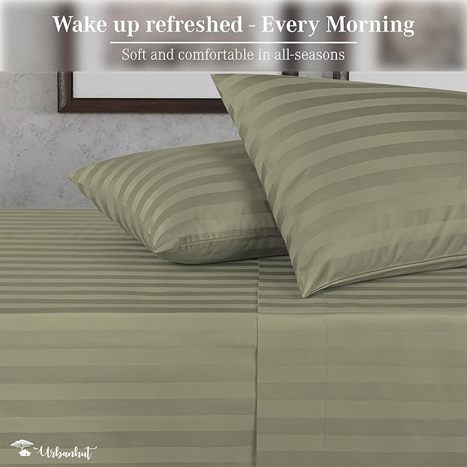 URBANHUT 800 Thread Count 100% Cotton Damask Twin Size Sheets, 4 Piece Striped Twin Size Bedsheets, Luxury Hotel Sheets Sateen Weave - Better Than Egyptian, 14" Elasticized Deep Pocket- Sage