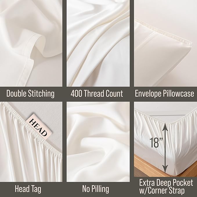 Bella Coterie 6 Piece Luxury Bamboo Viscose Queen Size Sheet Set | 100% Organically Grown | Cooling for Hot Sleepers | 18" Deep Pocket | Soft & Hypoallergenic | 4 Pillowcases [Ivory]