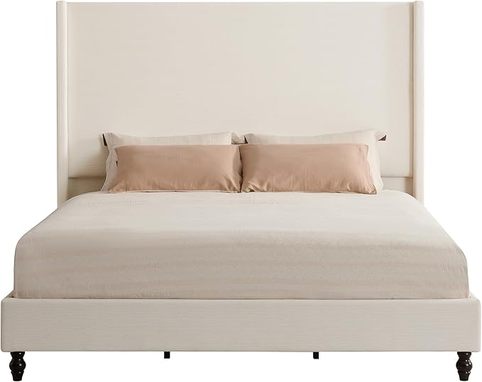 King Bed Frame with 65" Tall Headboard, Horizontal Fine Corduroy Bed Frame with Wingback, Upholstered Platform Bed, Vintage Solid Wood Gourd Legs, No Box Spring Needed, Cream