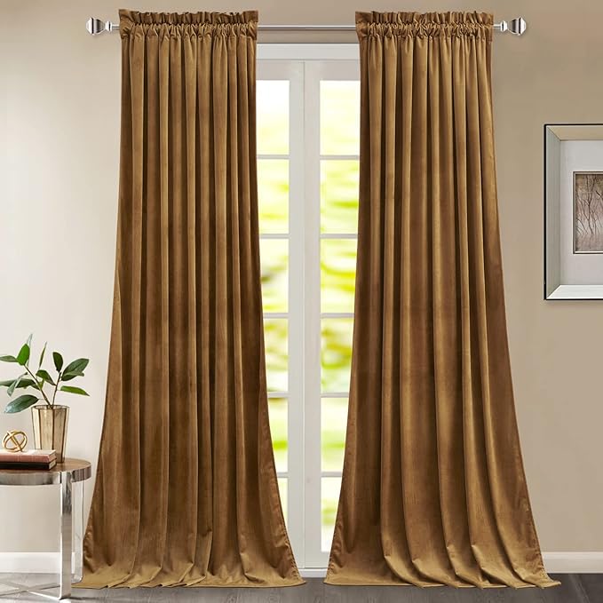 StangH Gold Brown Curtains for Living Room, Luxury Autumn Home Decoration Blackout Thermal Insulated Window Treatment for Living Room Bathroom, W52 x L90, 2 Panels