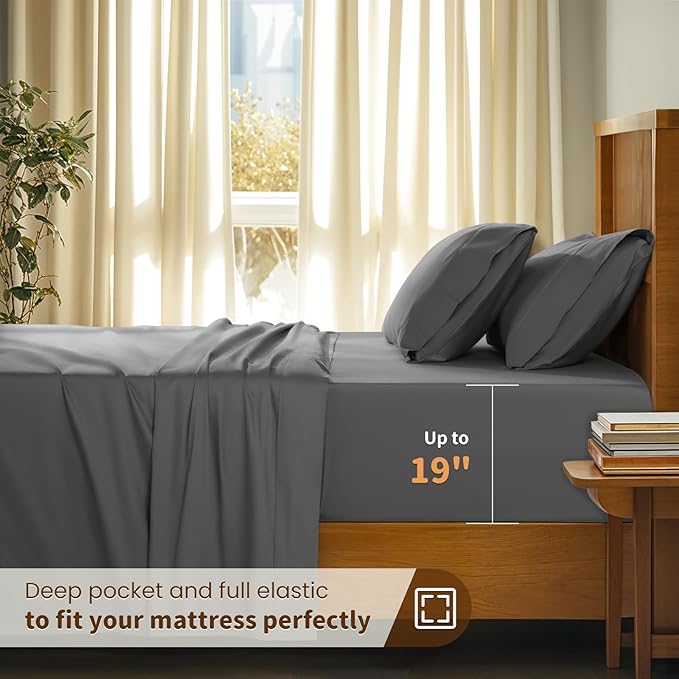 LBRO2M 100% Cotton Sheets Set Deep Pocket 19", 1000 Thread Count California King Size 4 Piece Bed Sheet Sets Soft Comfortable Bedding All Season (California King, Dark Grey)