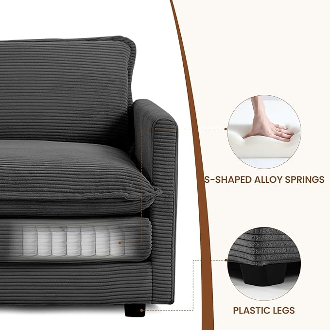 ROWHY Single Armchair with Ottoman, Modern Corduroy Cloud Couch with Convertible Chaise, Upholstered Sofa Set for Living Room and Office, Dark Grey