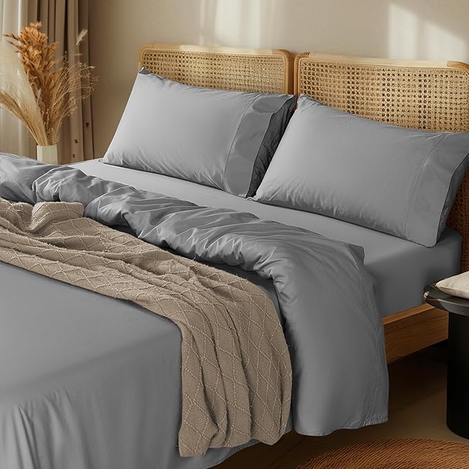 LBRO2M 100% Cotton Sheets Set Deep Pocket 24", 1000 Thread Count Full Size 4 Piece Bed Sheet Sets Soft Comfortable Bedding All Season (Full, Gray)
