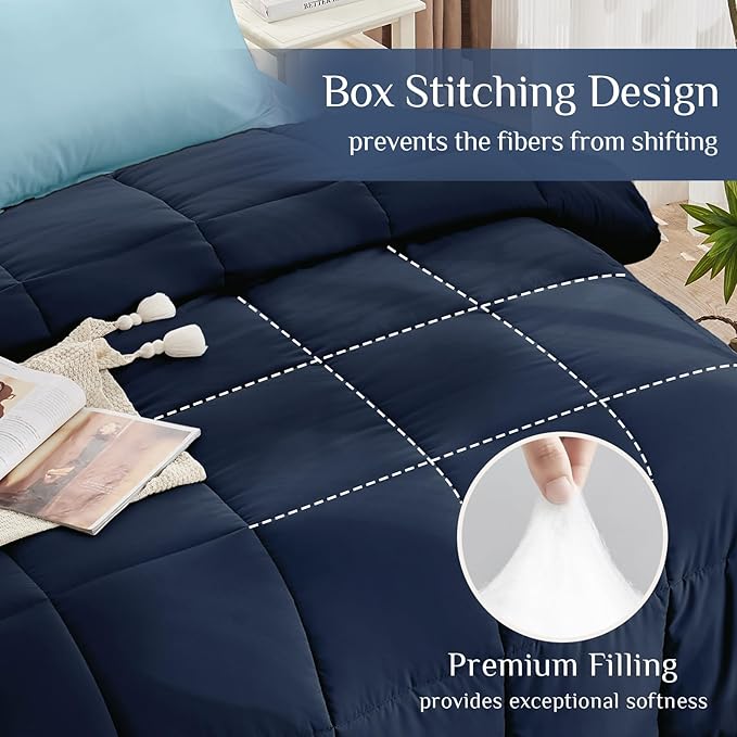 JOLLYVOGUE California King Comforter Set, Ultra-Soft Bed in a Bag Cal King Size 7 Pieces, Oeko-TEX Certified Bedding Set With Down Alternative Comforter, Sheets, Pillowcases & Shams, Navy & Light Blue