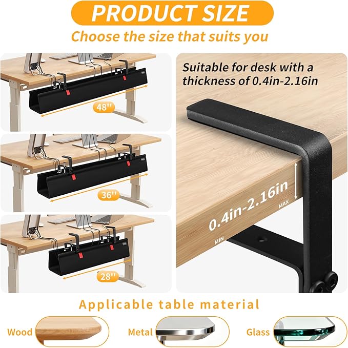 No Drill Under Desk Cable Management Tray, 36" Cord Organizer with Clamp, Fabric Cable Management for Standing Desks, Ideal for Home & Office - Black