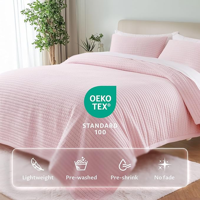 KASENTEX Queen XL Quilt Set 98"x98" – Soft Washed 3-Layer Lightweight Bedspread, Minimalist Nordic Design, All-Season Spring & Summer Quilt Set (1 Quilt + 2 Pillow Shams), Pink
