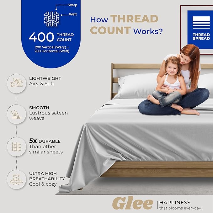 THREAD SPREAD King Size Cotton Sheets Set - 400 Thread Count 4 PC 100% Egyptian Cotton Sheets for King Bed, Deep Pocket King Size Cotton Sheets Set Hot Sleepers, Luxury Hotel Cooling Sheets (Silver)