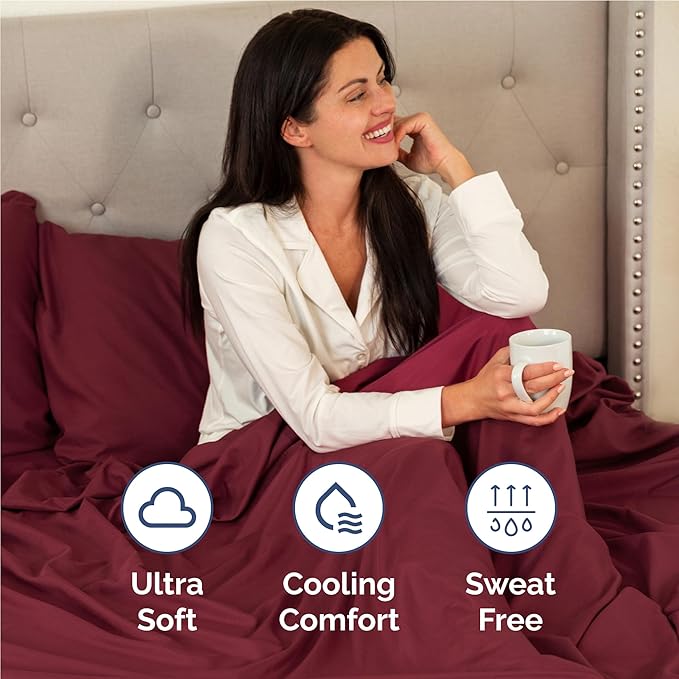 Full 6 Piece Sheet Set - Cooling, Comfy & Breathable - Hotel Luxury Bedding, Includes Fitted Sheet for Women, Men, Kids and Teens - 1 Flat, 1 Fitted Sheet, 4 Pillowcases with Deep Pockets - Burgundy