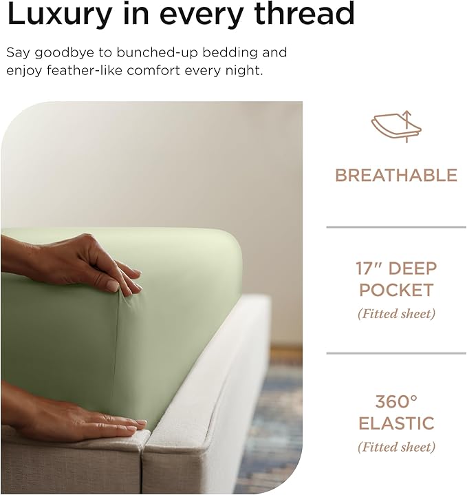 Threadmill Luxury Supima Cotton Sheets, 1200 Thread Count Soft 100% Cotton Sheets for King Size Bed, 4 Pc Sage Green King Bed Sheets Set, 5-Star Egyptian Hotel Quality with Elasticized Deep Pocket