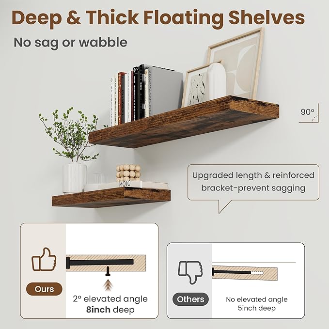 36 Inch Floating Shelves for Wall, 8 Inch Deep Floating Shelf for Storage & Display, Wall Mounted Shelf with Invisible Brackets for Living Room, Kitchen, Bathroom, Home Decor, Set of 2, Rustic Brown