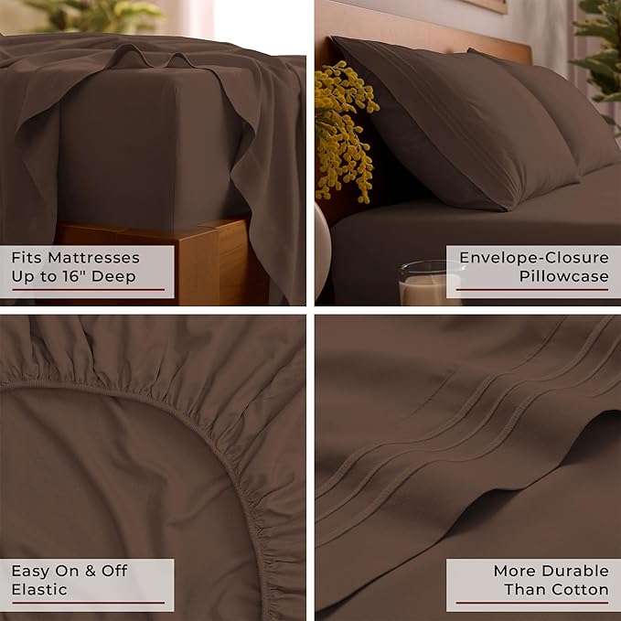 Mellanni Full Sheet Set - 6-Piece Iconic Collection Bedding, (Including 4 Pillowcases), 16-Inch Deep Pocket, Easy Care, Extra Soft, Cooling Sheets, Brushed Microfiber - Brown