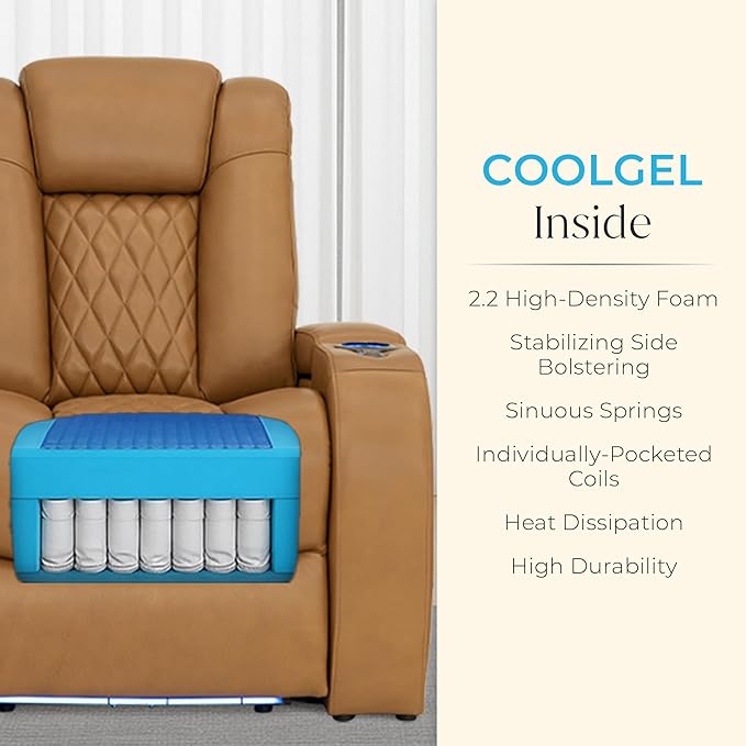 Seatcraft Diamante Zero-Gravity CoolZero Italian Leather Home Theater Seating, Power Headrest, Power Recline, Row of 3 Sofa, Tan Oak