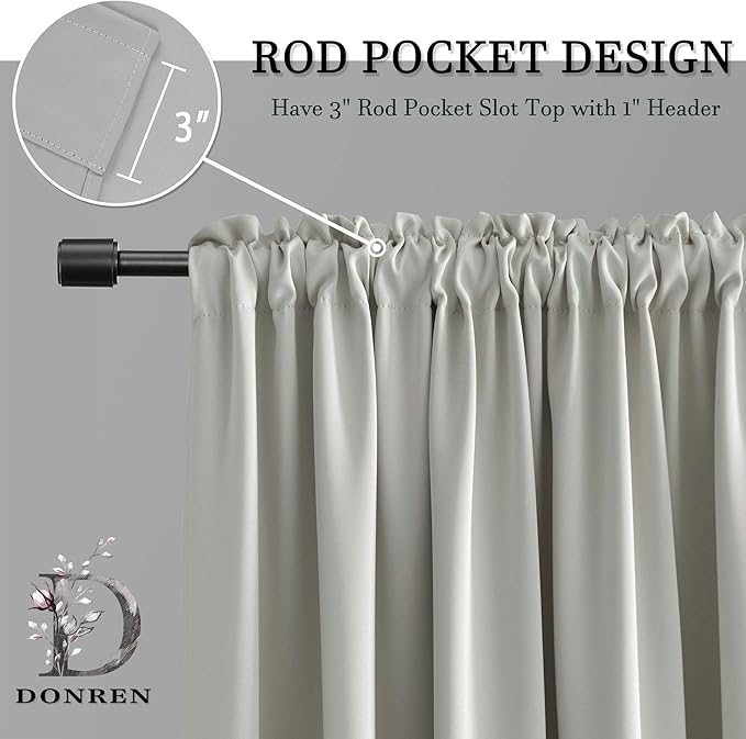 DONREN 48 Inch Curtains for Boy's Room - Room Darkening Thermal Insulated Window Drapes with Rod Pocket for Short Windows (2 Panels,52 x 48 Inch,Light Grey)