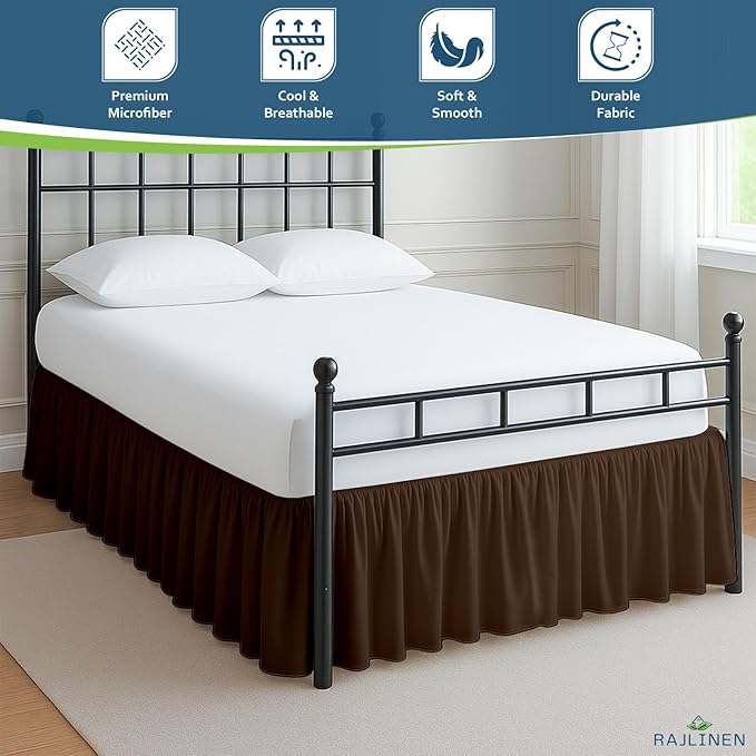 Rajlinen Ruffled Bed Skirt Twin XL, 24 Inch Drop Dust Ruffle with Split Corners, 100% Microfiber Bedskirt with Platform, Three-Sided Coverage Ruffled Gathering Design, Chocolate