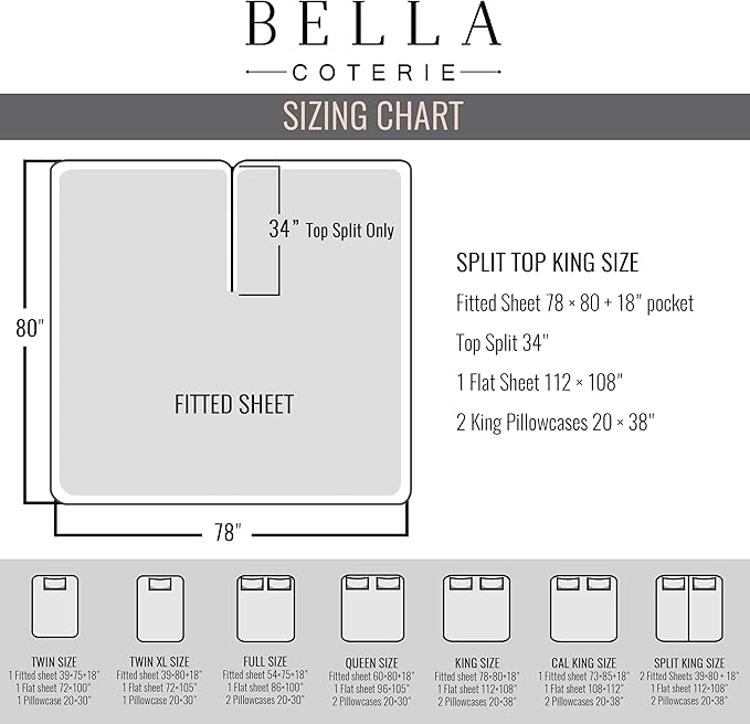 Bella Coterie Luxury Bamboo Viscose 34” Split Top King Size Sheet Set | 1 Fitted Sheet for Sleep Number & Adjustable Beds | 100% Organically Grown | Cooling & Soft | 18” Deep Pocket [Black]